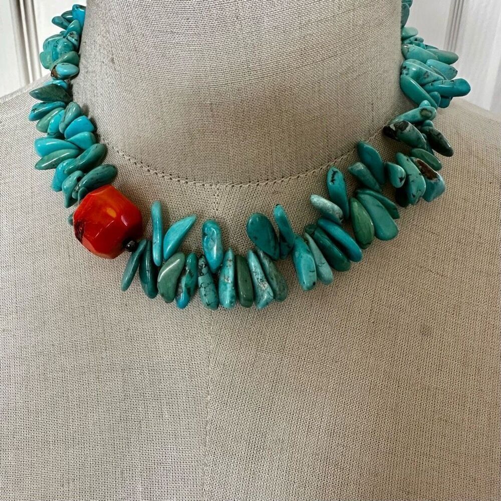 Bold Turquoise Nugget & Red Coral Statement Necklace